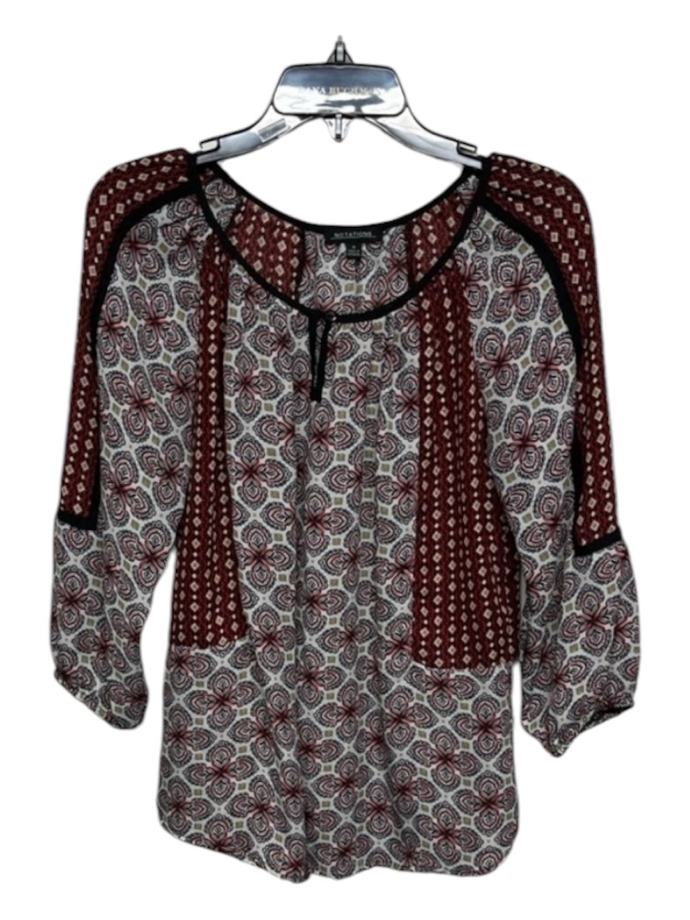 Notations Burgundy Paisley Boho Peasant Blouse Tie Neck Long Sleeve M